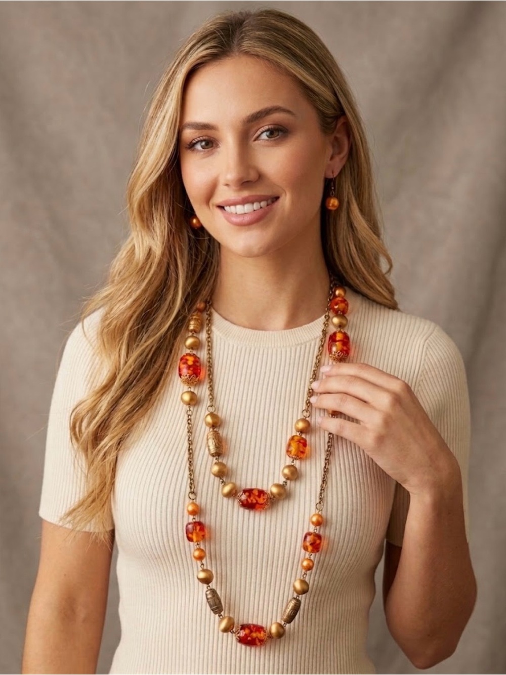 🔴 Amber Bead Long Necklace and Earrings Set - Orange Gold
